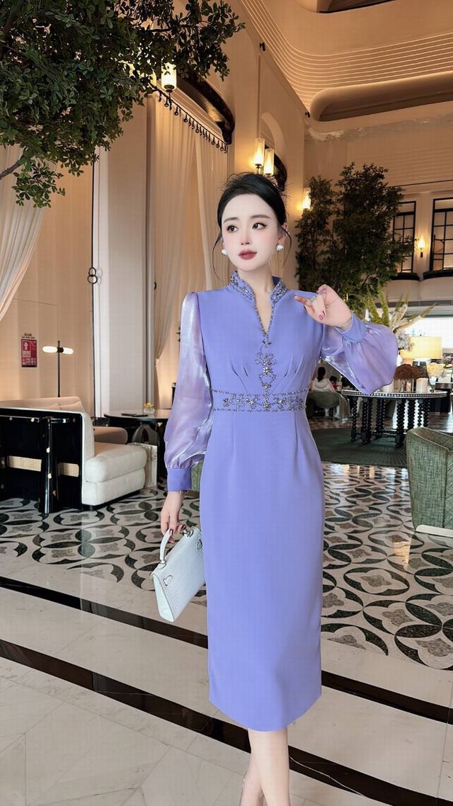 连衣裙 新中式轻奢重工订钻醋纤修身连衣裙 卡其色 紫色 S-Xxl