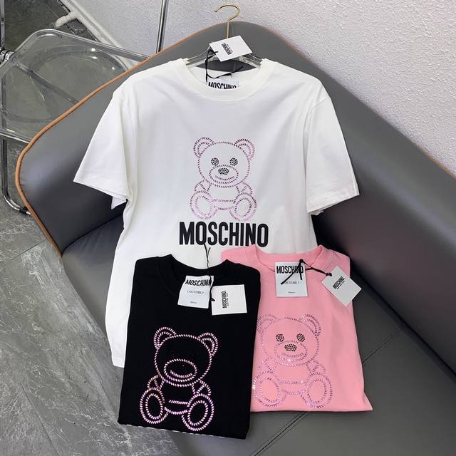 Moschino2024早春新款烫钻小熊立体字母t恤 黑色 白色 粉色sml
