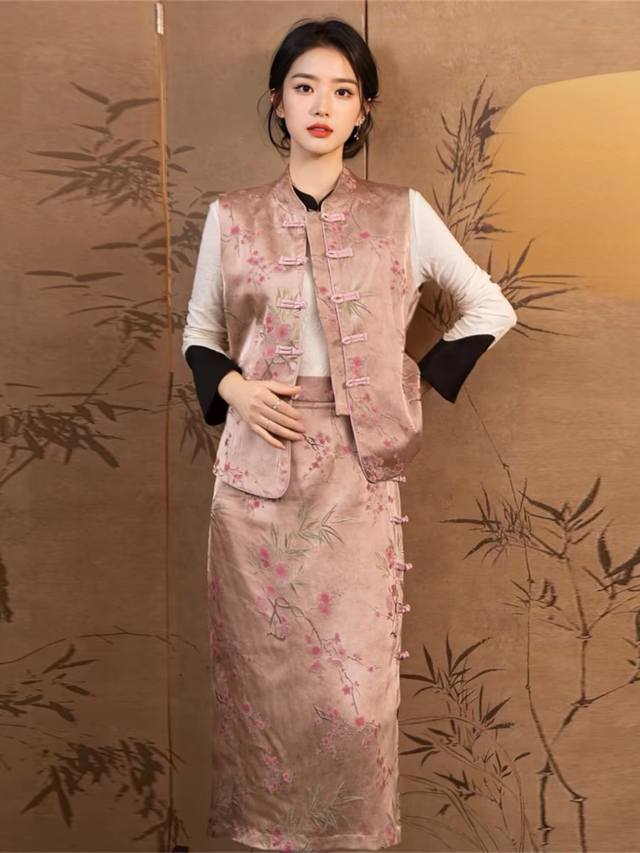 套装 新中式国风高级感盘扣上衣 网纱长裙两件套 码数:Smlxl