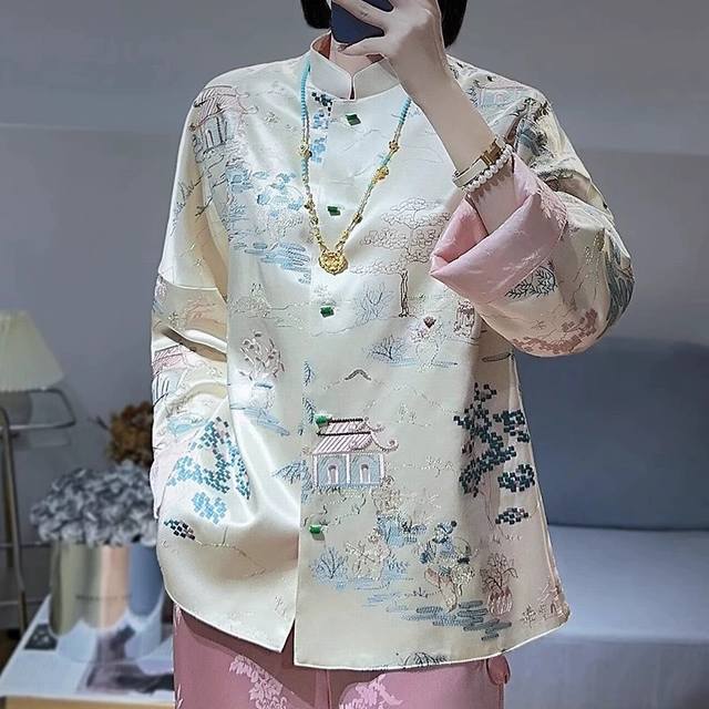外套 新中式马甲 百分百丝毛面料 手工拈花 巨好看 中国风女装禅意粉色 浅蓝色 上衣 Smlxl