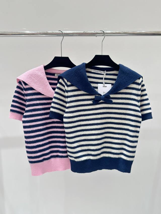 D家 春夏新款 水手领蝴蝶结条纹针织短袖 颜色 粉色 蓝色 尺码 36.38.40