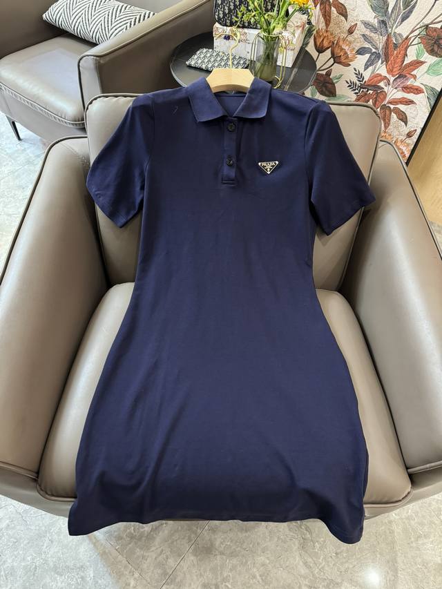 Xh001#新款连衣裙 Prada 三角标 Polo领 短袖连衣裙 蓝色 Sml