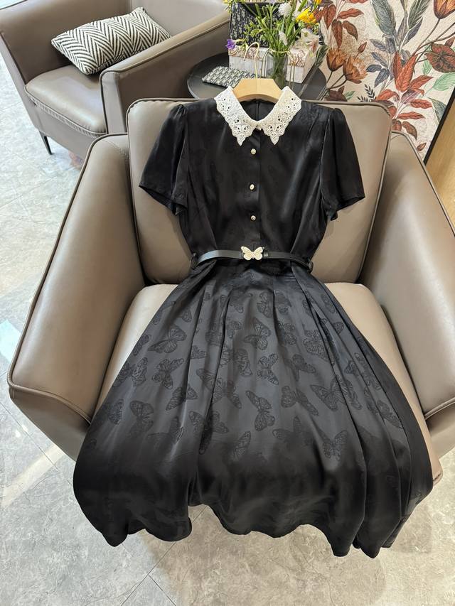 Xh002#新款连衣裙 Dior蝴蝶印花水溶蕾丝领 短袖连衣裙 黑色 Sml
