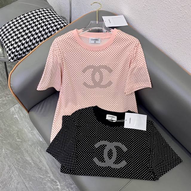 Chanel2024春夏新款波点涂鸦logo字母全身印花t恤 黑色 粉色sml