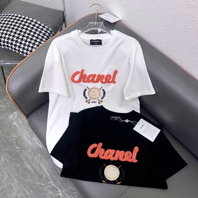 Chanel2024春夏新款毛巾绣字母麦穗logo刺绣t恤 黑色 白色sml