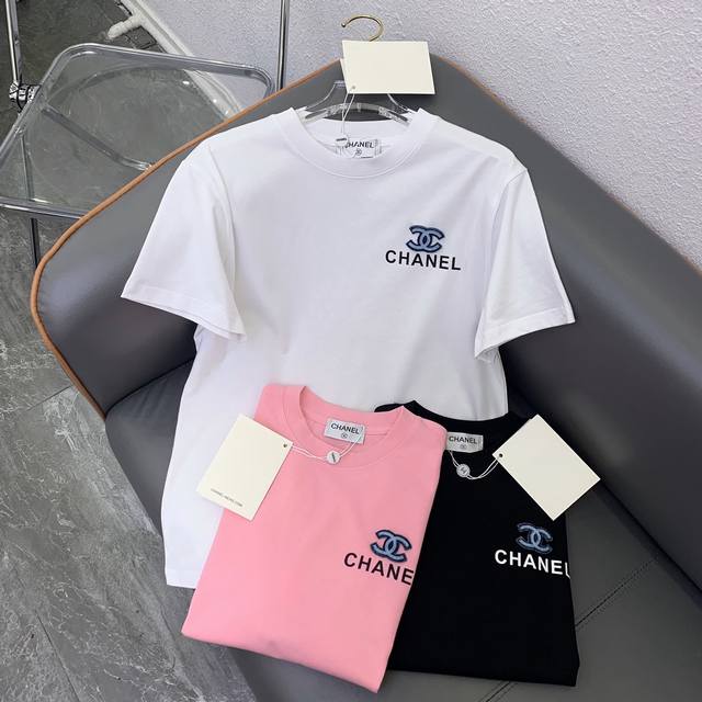 Chanel2024早春新款立体牛仔布logo简约字母t恤 黑色 白色 粉色sml