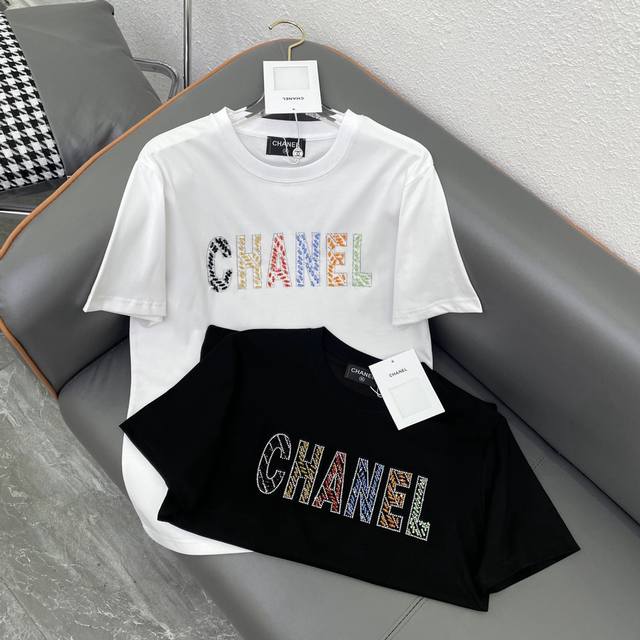 Chanel2024春夏新款时尚彩色烫钻重工珠串绣字母t恤 黑色 白色sml