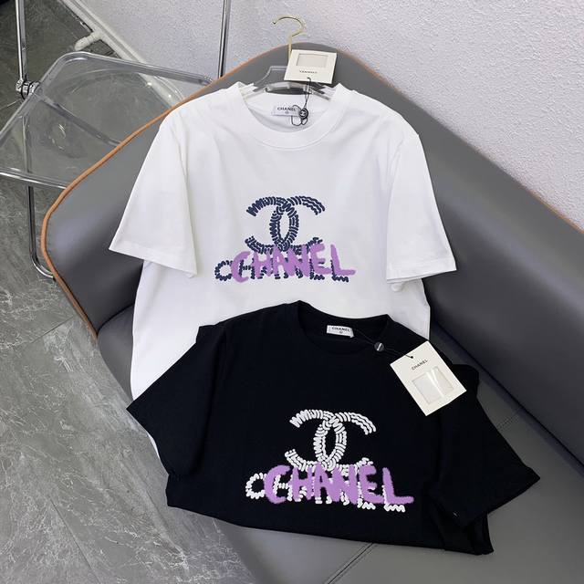 Chanel2024春夏新款发泡重叠字母logot恤 黑色 白色sml