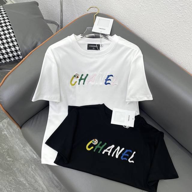 Chanel2024春夏新款撞色刺绣字母logo钉钻t恤 黑色 白色sml