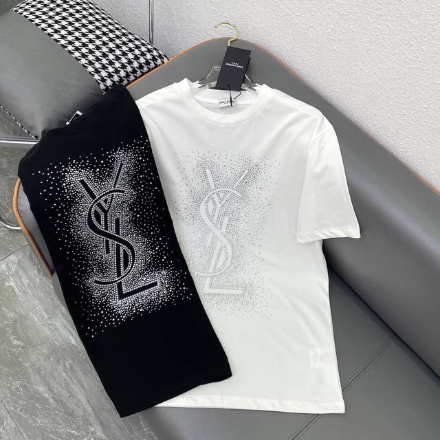 Ysl 圣啰兰-2024春夏新款进口奥钻烫钻logo字母t恤 黑色 白色 S M L