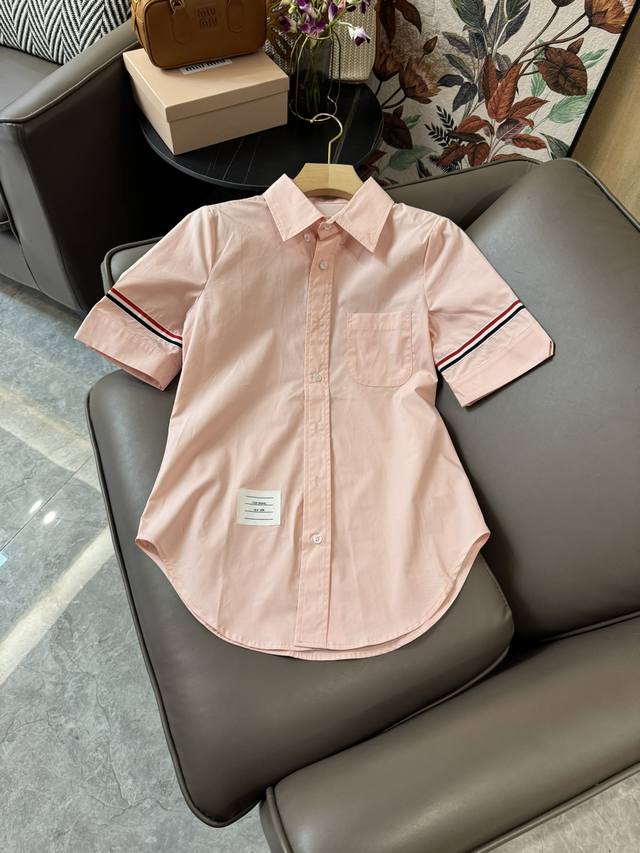 Cs016#新款衬衫 Tb 条纹短袖修身衬衫 粉色 白色 Sml