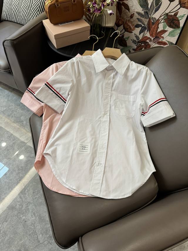 Cs016#新款衬衫 Tb 条纹短袖修身衬衫 粉色 白色 Sml
