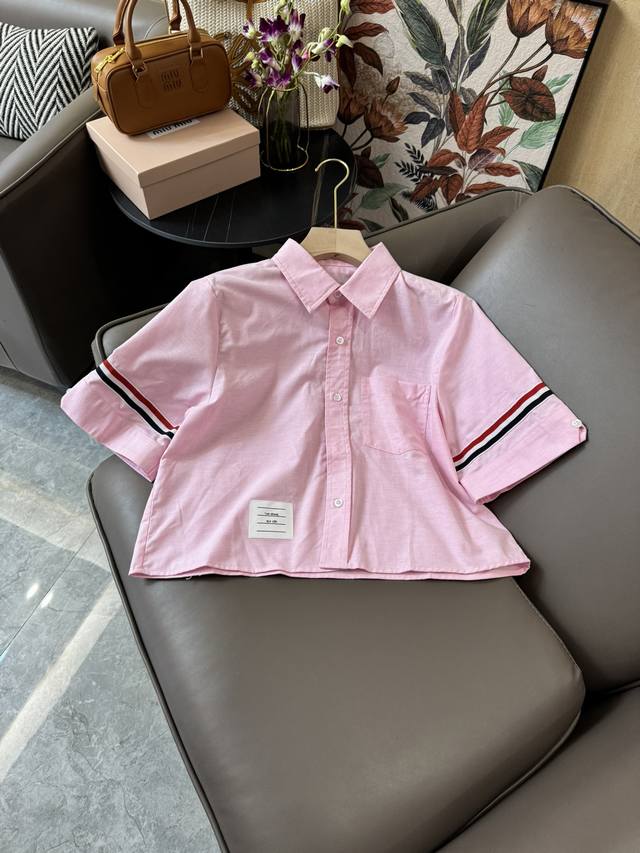 Cs017#新款衬衫 Tb 条纹短袖短款宽松衬衫 粉色 白色 蓝色 Sml