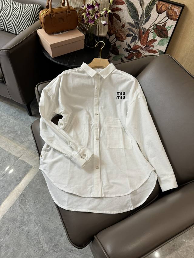 Cs020#新款衬衫 Miu Miu 字母绣花 防晒 长袖白色衬衫 Sml