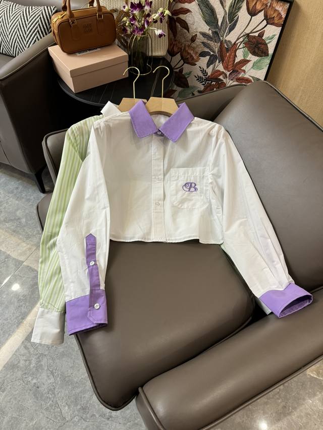 Cs021#新款衬衫 Bal 拼色 短款长袖衬衫 紫白色 绿色 Sml