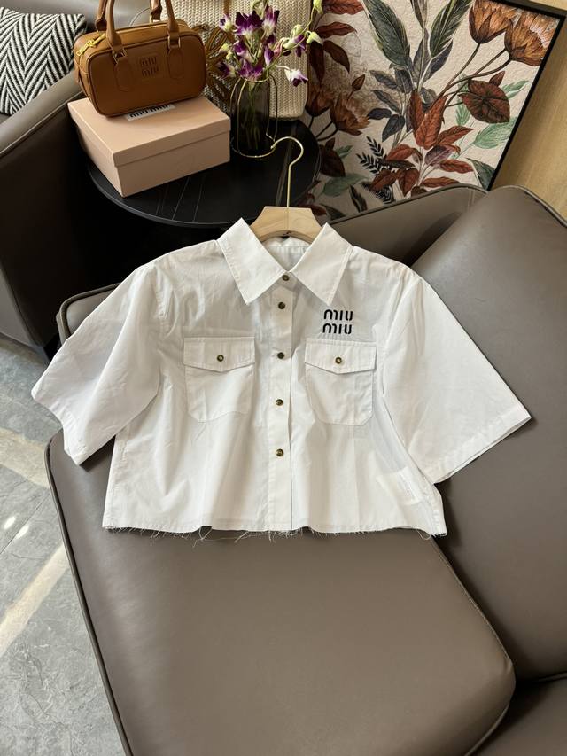 Cs023#新款衬衫 Miu Miu 字母绣花 最新款 短袖衬衫 白色 Sml