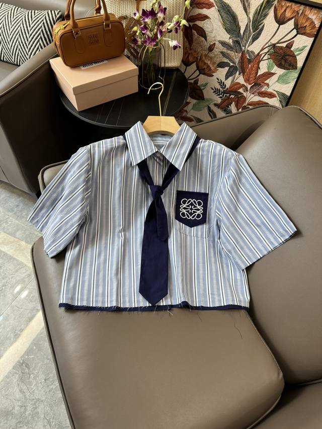 Cs024#新款衬衫 Loewe 爆款logo绣花大口袋短袖衬衫 条纹蓝 Sml