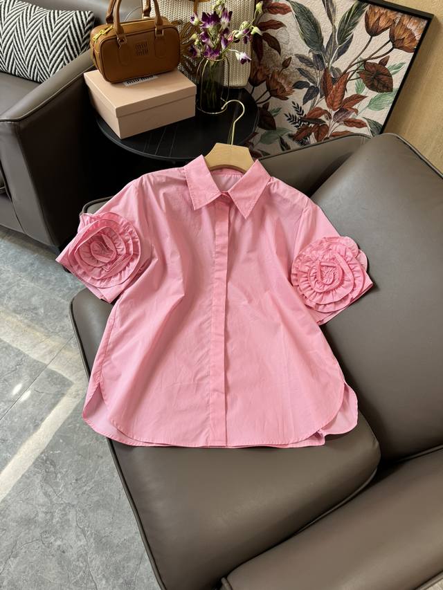 Cs026#新款衬衫 Valentino 花朵玫瑰短袖衬衫 白色 粉色 红色 蓝色 Sml