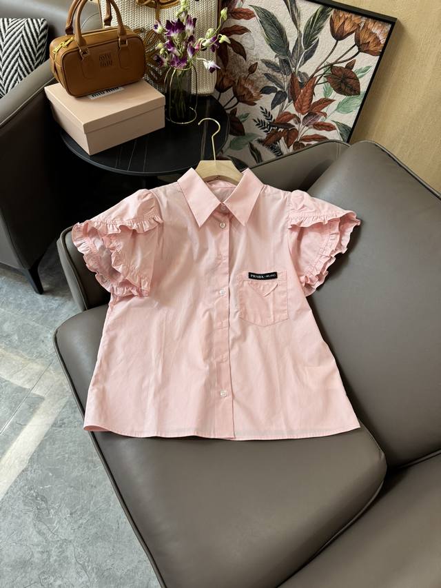 Cs027#新款衬衫 A 木耳边花苞袖 短袖衬衫 白色 粉色 蓝色 Sml