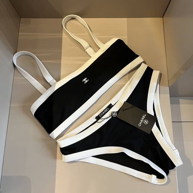 Chanel新款比基尼中古套装 小香logo印花吊带背心+三角打底裤分体泳衣，黑色，S M L Xl