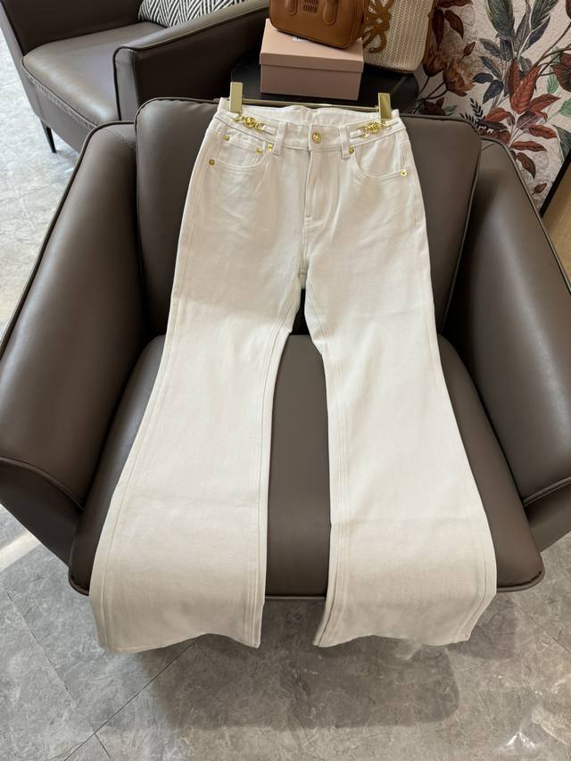 Xc081#新款牛仔裤 Versace 范思哲 金色 链条 白色牛仔棉长裤 Smlxl