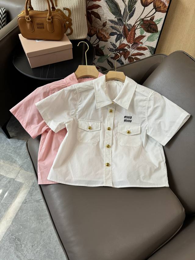 Xc071#新款衬衫 Miu Miu 刺绣字母 短袖衬衫 粉色 白色 Sml