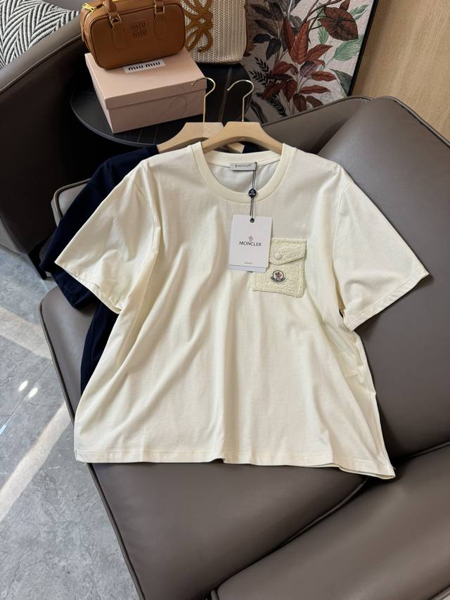 Qg24229#新款t恤 Moncler 最新款 珠片绣花口袋 短袖t恤 藏青色 米白色 Sml