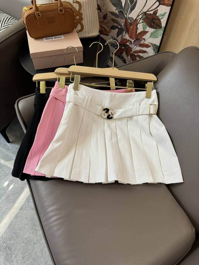 Jm004#新款短裤 Chanel 百褶半裙 配腰带 百搭款 粉色 白色 黑色 Smlxl