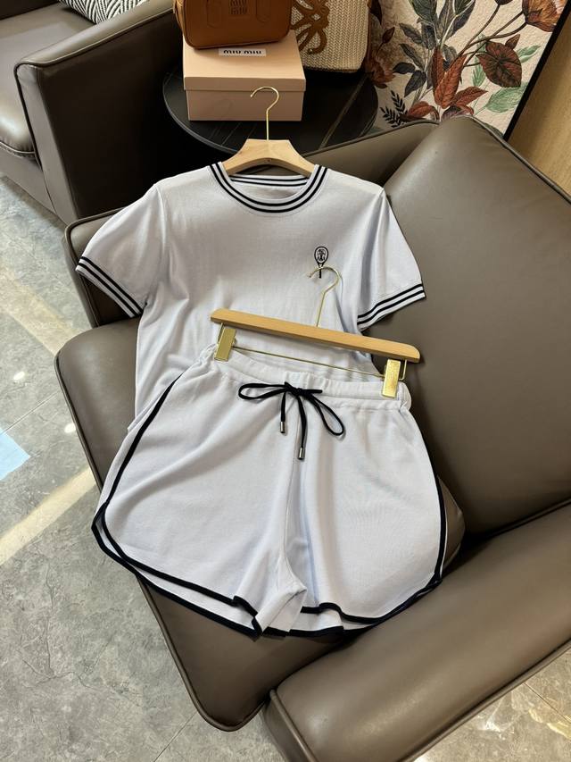 Fbc008#新款套装 Bc 棒球服系列 天丝短袖针织上衣天丝针织短裤 套装白色 蓝色 浅灰色 Sml