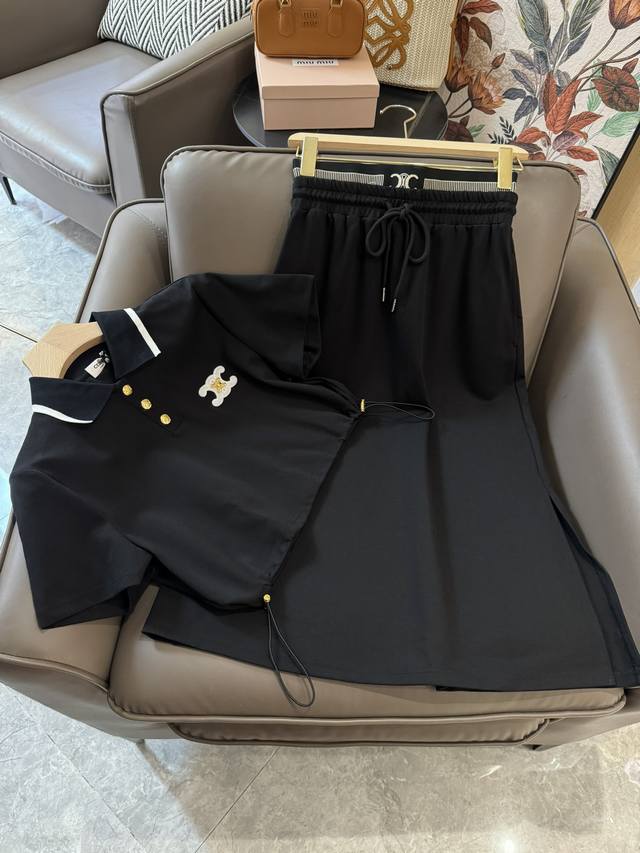 Mq24016#新款套装 Celine 短袖 衫上衣松紧腰半裙 套装 黑色 白色 Sml