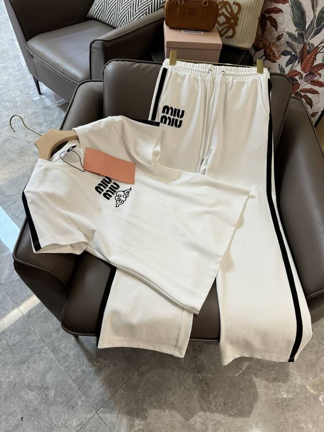 Mq24012#新款套装 Miu Miu 绣字母短袖t恤上衣长裤休闲套装 白色 黑色 Sml