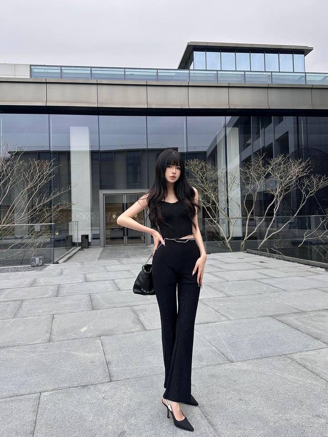 Alex Wang 24Ss夏季新款 微喇叭裤女春季休闲裤复古烫金粉logo链条黑色垂感阔腿裤 Sml三码入