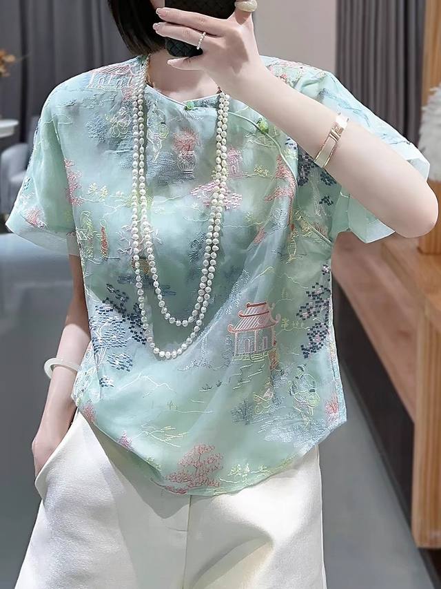 中国风改良中式上衣女夏季薄款复古风风景刺绣宽松短袖上衣 Smlxl