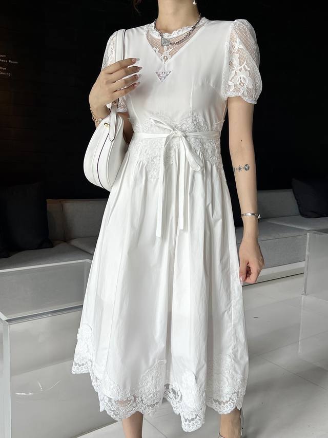 24Ss夏季新款圆领连衣裙蕾丝拼接设计 搭配绑带 优雅气质款 高品质 两色三码sml
