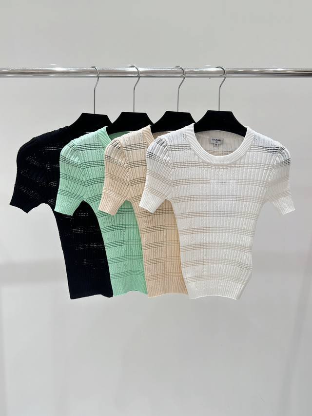 Chan小香 春夏新款 数字5镂空提花针织短袖，颜色：白色 杏色 黑色 绿色，尺码：36.38.40。