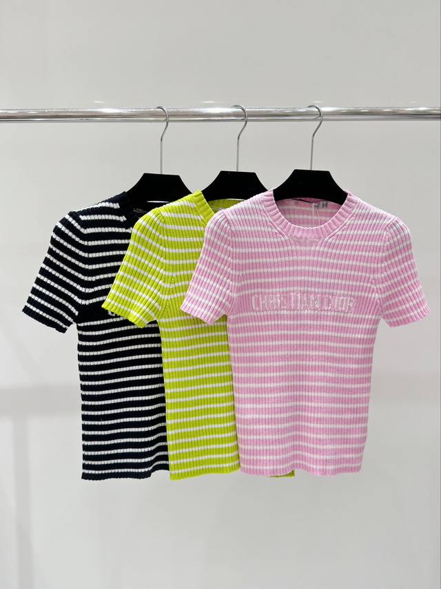 Dio春夏新款 条纹字母提花针织短袖，颜色：黑色 嫩绿 粉色，尺码：36.38.40。