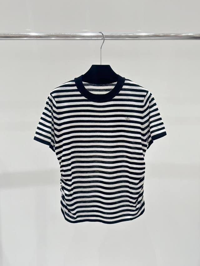 Moc春夏新款 黑白条纹撞色褶皱收腰设计针织短袖，颜色：黑色，尺码：36.38.40。