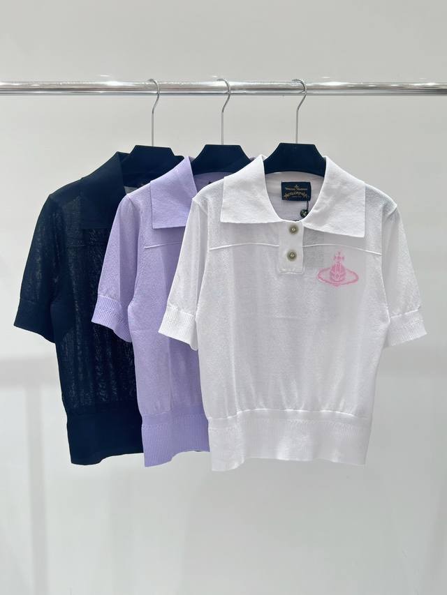 Vivi春夏新款 翻领纯色土星提花针织短袖，颜色：黑色 紫色 白色，尺码：36.38.40。