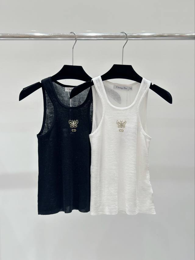 Dio春夏新款 Cd蝴蝶钉珠刺绣针织背心，颜色：白色 黑色，尺码：36.38.40。
