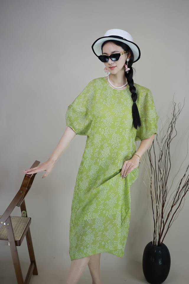 真丝织锦花朵冠乐绉灯笼袖连衣裙 杏，绿2色 S一xl 4码