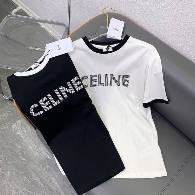 Cel*Ne 赛琳-春夏新款短袖tee，前幅字母印花，撞色螺纹设计！黑色，白色s M L
