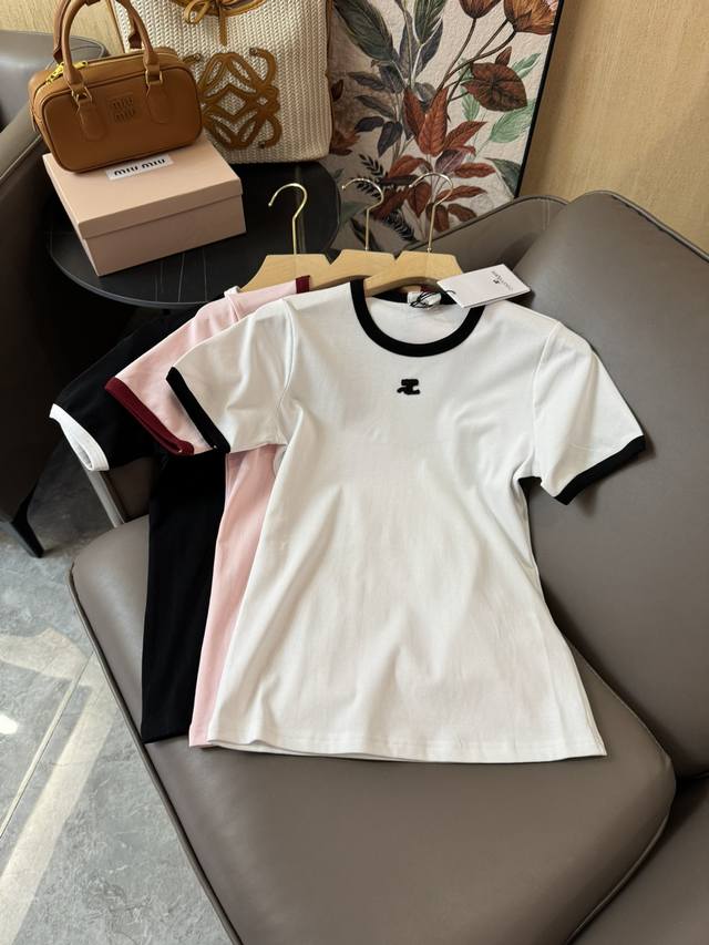 Qg24218#新款t恤 Cour 小众款 短袖修身t恤 粉色 白色 黑色 Sml