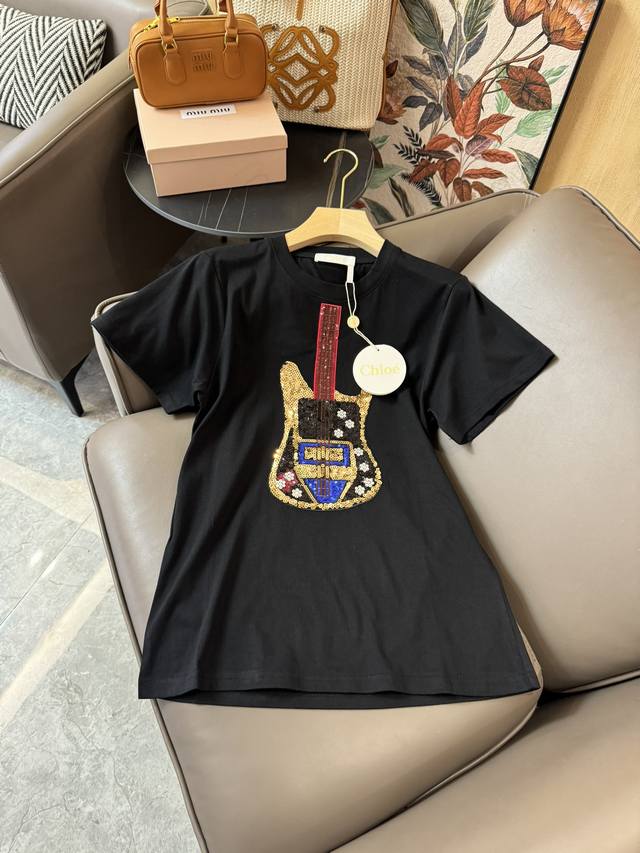 Qg24220#新款t恤 Chloe 音乐之子 吉他珠片绣花短袖t恤 黑色 Sml