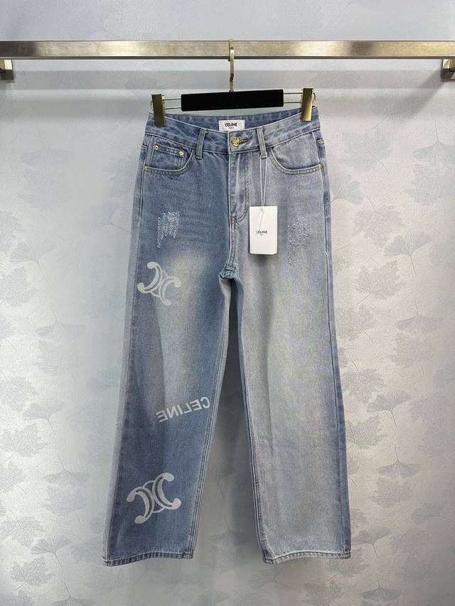 Celin*夏季新款洗水蓝色高腰直筒阔腿裤几点设计搭配logo原宿简约又百搭 1色3码sml。