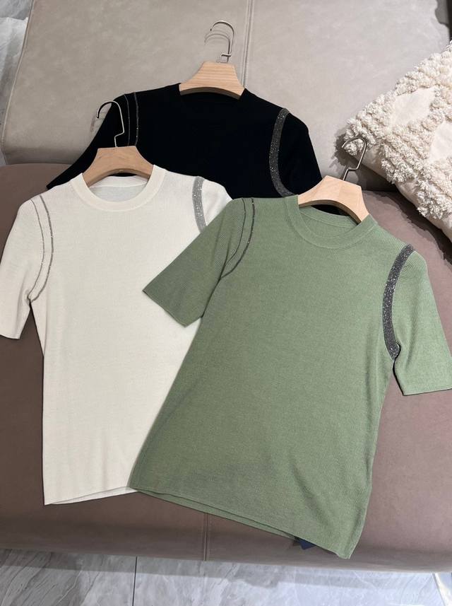 Bc超细羊毛真丝圆领短袖针织套头衫 Sml 75％羊毛25％真丝 绿色，黑色，白色
