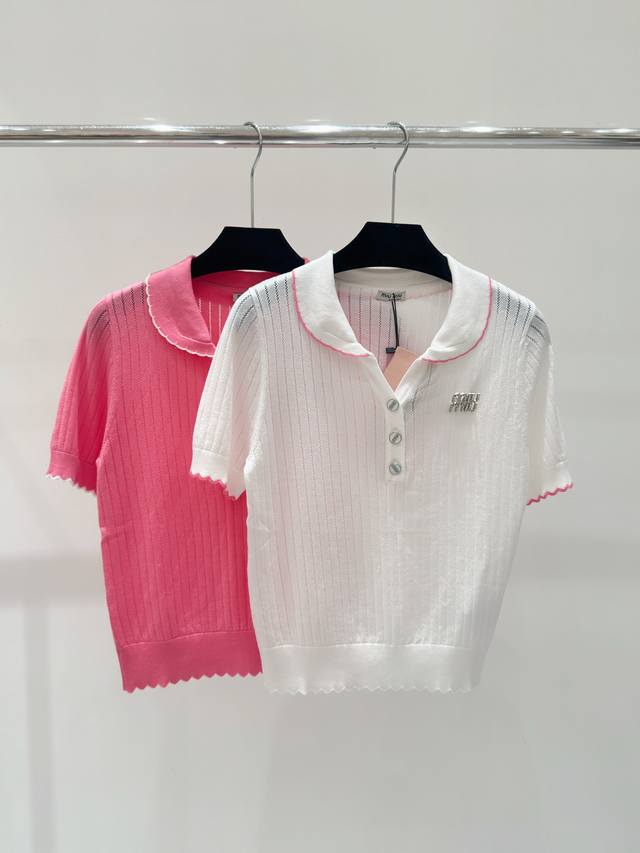 Miu家 春夏新款 法式娃娃领镂空花边针织短袖 颜色：白色 粉色 尺码：36.38.40