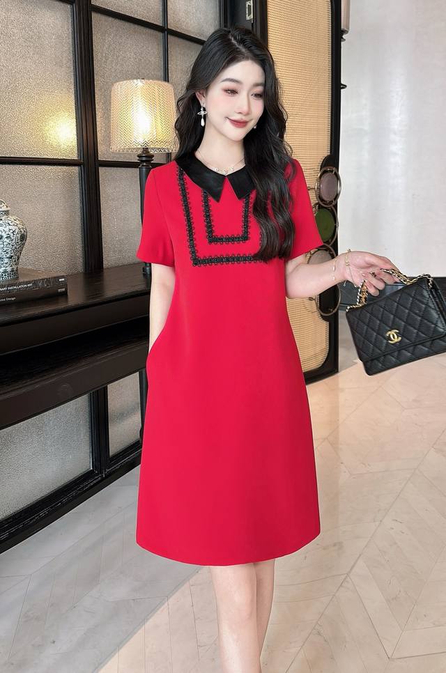 连衣裙 2054Ss夏季新款精致织带真醋酸领子a摆连衣裙，适用抗绉面料，透气舒适，正红色 高级黑，S-Xxl