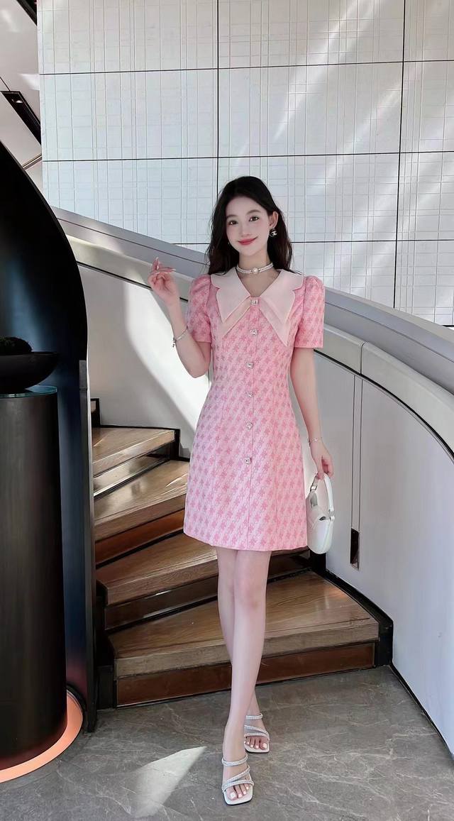 连衣裙 粉色高级感小香风时尚优雅气质收腰显瘦连衣裙f！码数:Smlxl