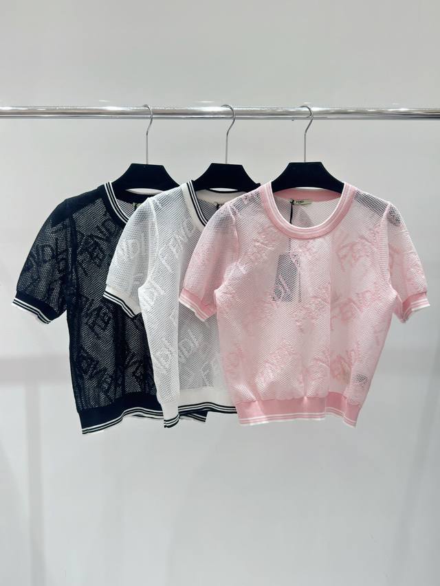 F家 春夏新款 条纹边镂空提花针织短袖 颜色 黑色 白色 粉色 尺码：S.M.L