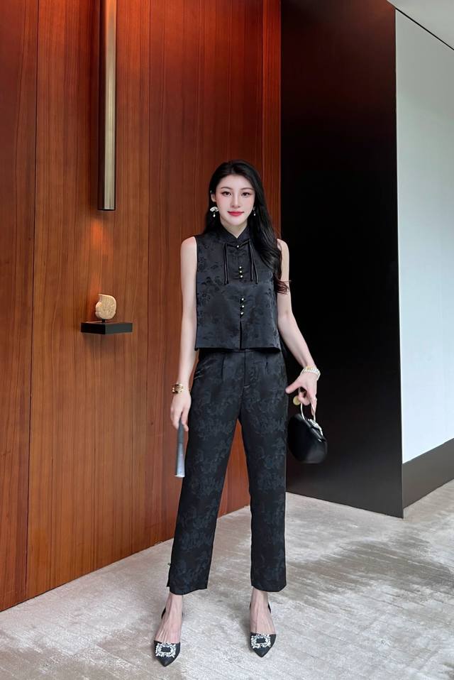 套装 新中式国风唐装马甲提花九分裤气质显瘦时尚两件套 :Smlxl